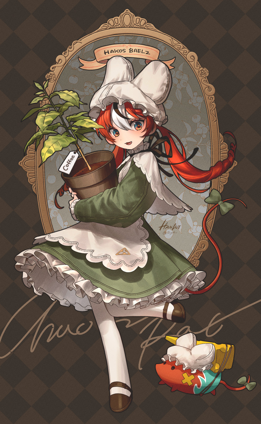 1girl absurdres alternate_costume alternate_hairstyle apron artist_name bangs black_footwear black_hair blue_eyes bow character_name coffee_tree dress english_text fangs frilled_apron frills full_body green_bow green_dress hair_between_eyes hakos_baelz handot_(d_yot_) hat highres hololive hololive_english long_sleeves looking_at_viewer low_twintails mob_cap mouse_girl mouse_tail mr._squeaks_(hakos_baelz) multicolored_eyes multicolored_hair open_mouth pantyhose petticoat plant potted_plant red_eyes red_hair shawl sidelocks smile solo standing streaked_hair tail tail_bow tail_ornament twintails twitter_username virtual_youtuber white_apron white_hair white_pantyhose