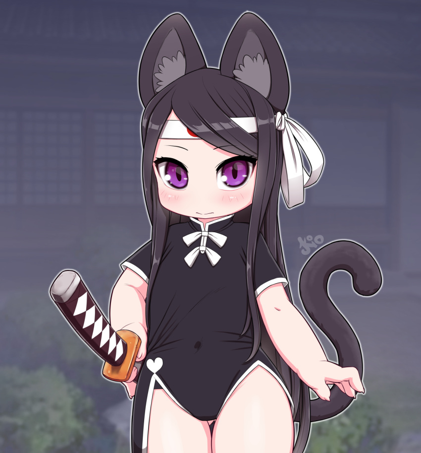 1girl animal_ears arms_at_sides ass_visible_through_thighs black_dress blush bow brown_hair cat_ears cat_tail china_dress chinese_clothes closed_mouth cowboy_shot dress fingernails flat_chest headband highres holding holding_sword holding_weapon japanese_flag katana kionant long_hair looking_at_viewer original purple_eyes sharp_fingernails short_sleeves solo standing sword tail very_long_hair weapon white_bow