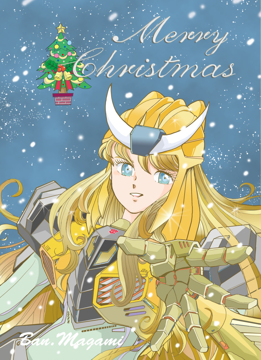absurdres artist_name bangs blonde_hair blue_eyes bodysuit english_commentary floating_hair genderswap genderswap_(mtf) green_bodysuit highres horns humanization long_hair magami_ban mecha_musume mechanical_arms merry_christmas mixed-language_commentary parted_lips smile snowing transformers transformers_victory upper_body very_long_hair victory_leo