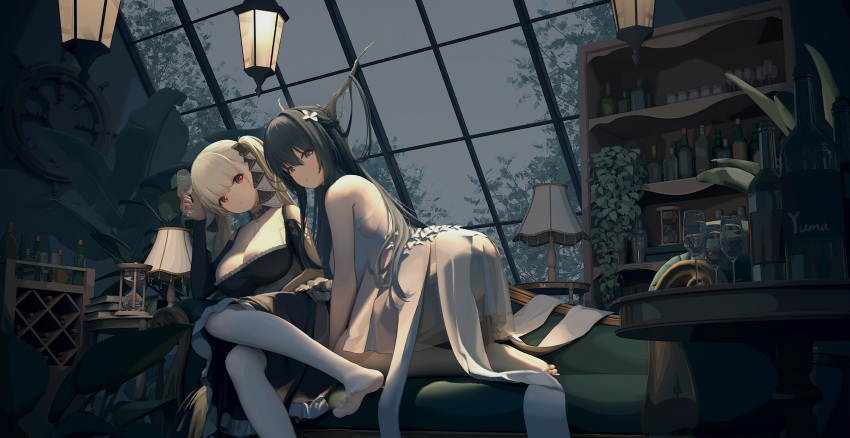 2girls all_fours azur_lane bare_shoulders between_breasts black_dress black_hair black_nails breasts cleavage clothing_cutout couch dress formidable_(azur_lane) frilled_dress frills green_eyes grey_hair highres indomitable_(azur_lane) indoors lampshade lantern large_breasts long_hair looking_at_viewer multiple_girls necktie necktie_between_breasts pantyhose red_eyes shelf shoulder_cutout twintails two-tone_dress two-tone_ribbon very_long_hair white_dress white_pantyhose yuma_(594986561)