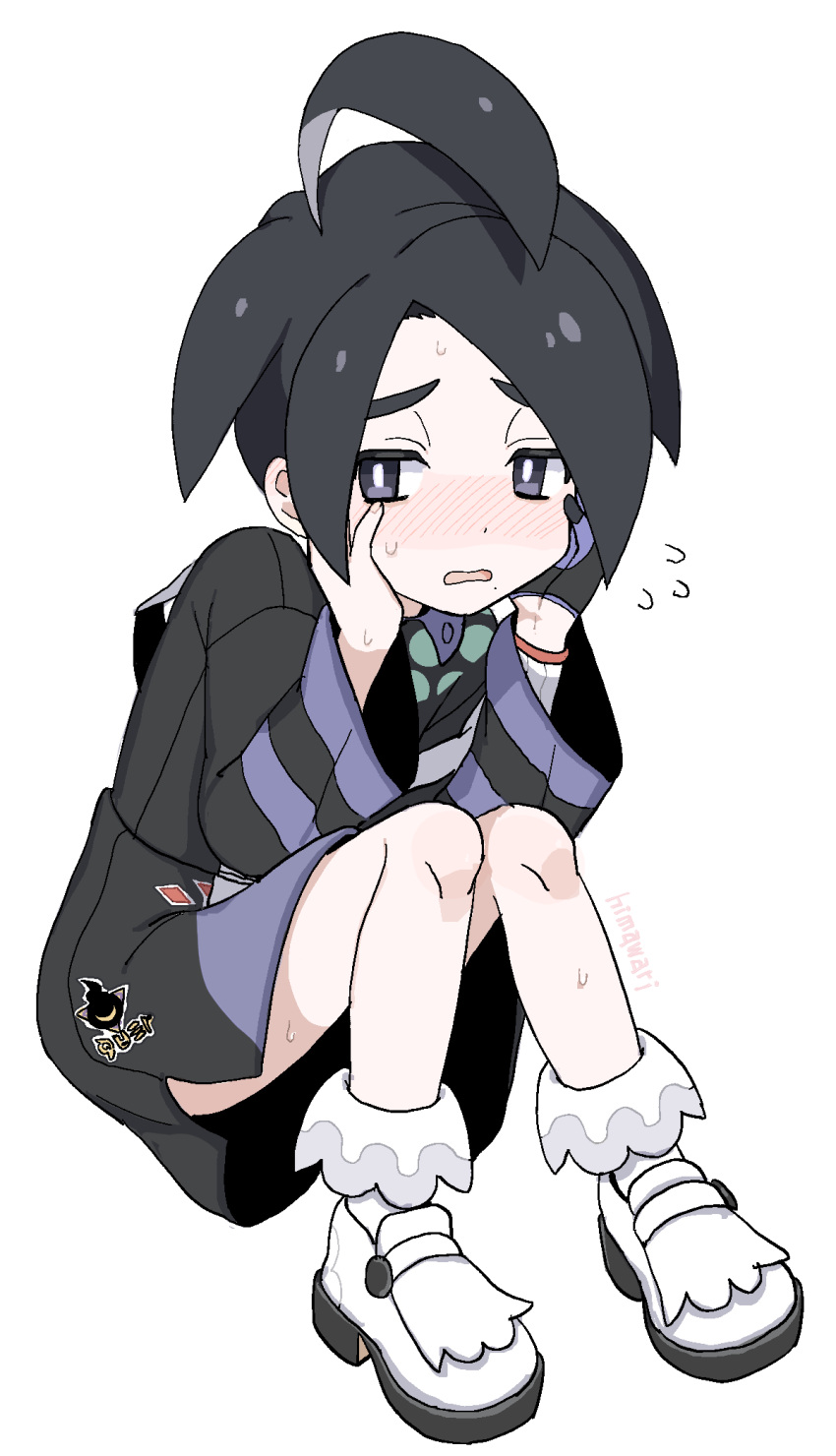 1boy ahoge allister_(pokemon) black_hair black_shirt black_shorts blush bright_pupils collared_shirt commentary_request flying_sweatdrops gloves hands_up highres himawari_(kawaisounaedesu) knees long_sleeves male_focus mole mole_under_mouth open_mouth pokemon pokemon_(game) pokemon_swsh raised_eyebrows shirt shoes short_hair shorts side_slit side_slit_shorts signature simple_background single_glove sitting socks solo sweat white_background white_footwear