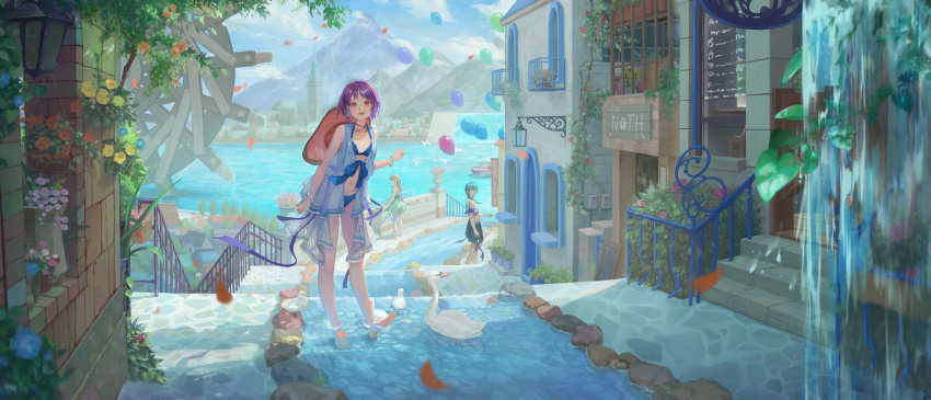 3girls absurdres ahoge aqua_hair balloon bangs barefoot bikini bird blue_bikini blue_sky blush boat brown_hair building chinese_commentary commentary_request day goose highres kivb long_hair looking_at_viewer mountain multiple_girls open_mouth original outdoors purple_hair scenery short_hair sky swimsuit wading water watercraft