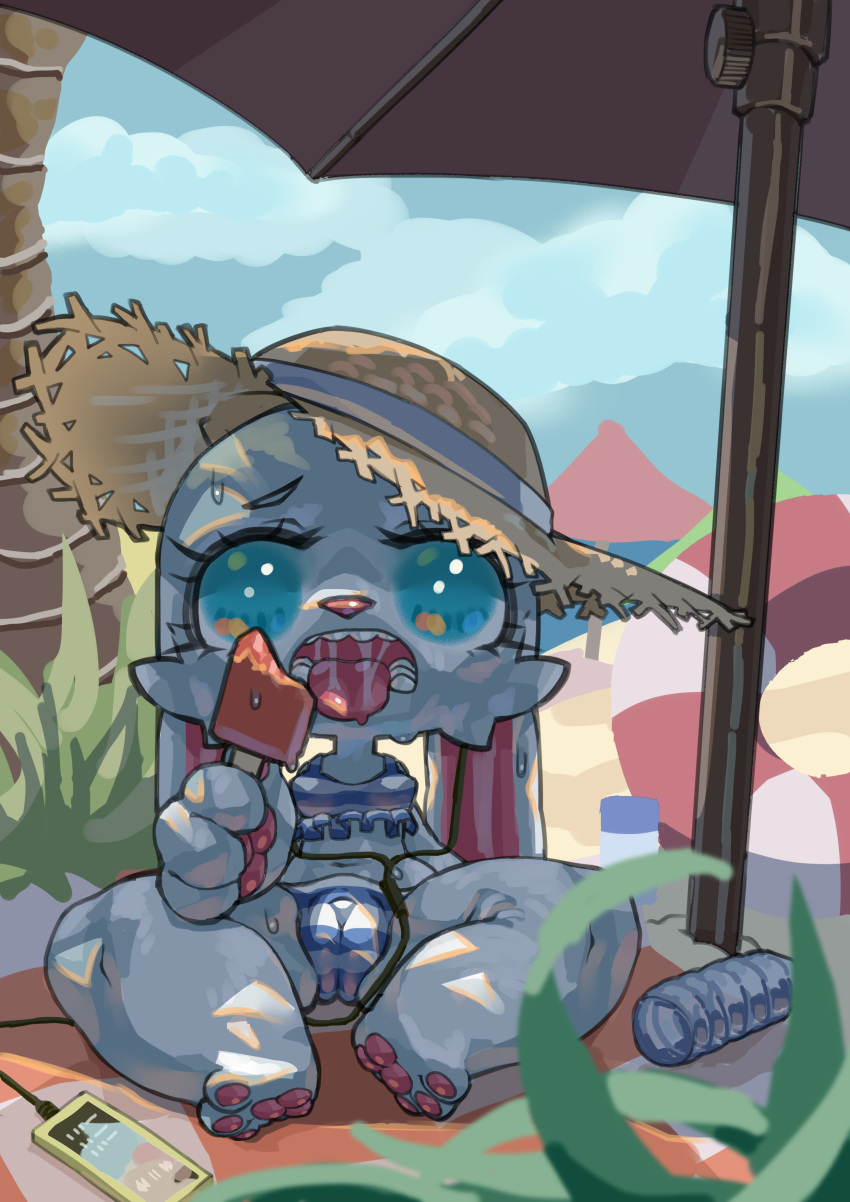 3_toes 4_fingers absurd_res anthro ass_up beach bodily_fluids clothing feet fingers food hat headgear headwear hi_res lagomorph leporid mammal midriff on_lap pawpads popsicle rabbit saliva saliva_string seaside sitting_on_lap straw_hat sweat tgab toes tongue tongue_out umbrella