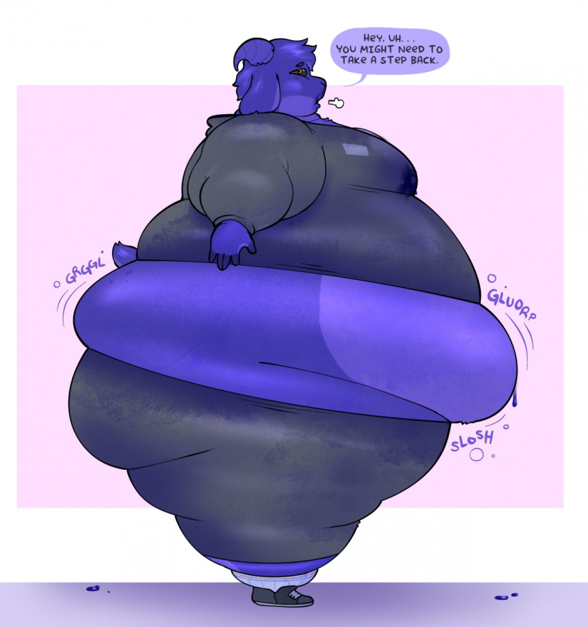 anthro belly big_belly big_butt blue_body blue_fur blueberry_inflation bodily_fluids bovid breath butt caprine clothed clothing dialogue english_text fur goat hi_res horn huff inflation juice_(disambiguation) lactating leaking male male_lactation mammal moobs obese obese_anthro obese_male open_mouth overweight overweight_anthro overweight_male scheibutts solo sound_effects speech_bubble standing text thick_thighs tight_clothing unusual_bodily_fluids unusual_lactation weight_gain wide_hips