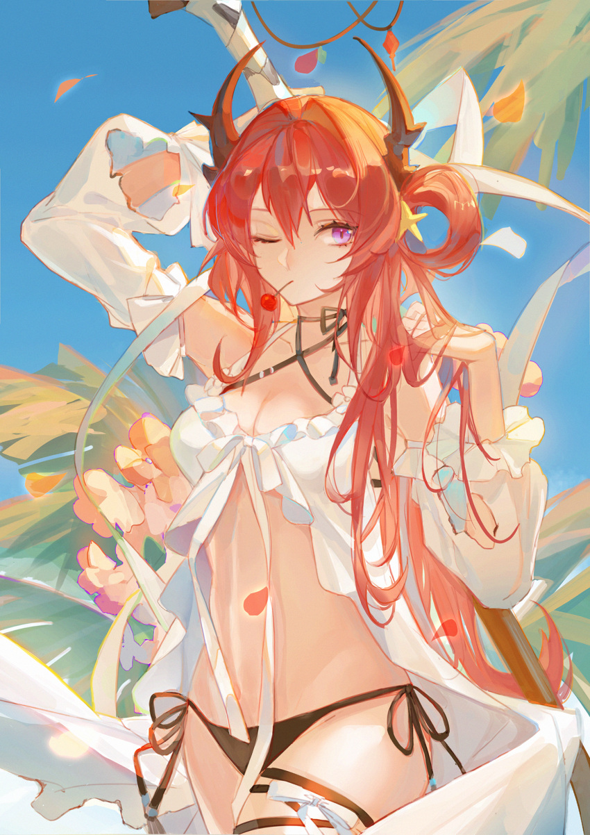 1girl arknights arm_up bangs bikini blue_sky cherry day food fruit hair_between_eyes hair_rings hand_up highres horns long_hair looking_at_viewer luren_max mouth_hold one_eye_closed purple_eyes red_hair side-tie_bikini sky solo stomach surtr_(arknights) surtr_(colorful_wonderland)_(arknights) swimsuit very_long_hair