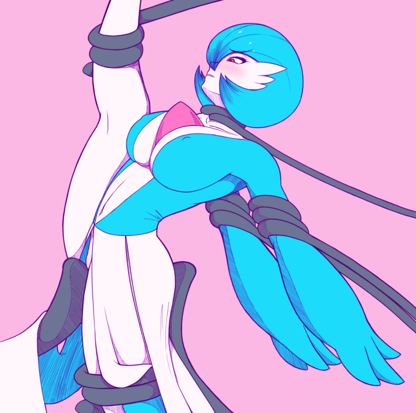 arms_tied babyserval big_breasts blush bound breasts female gardevoir hands_behind_back humanoid nintendo nipple_outline not_furry one_leg_up pink_background pok&eacute;mon pok&eacute;mon_(species) raised_leg shiny_pok&eacute;mon simple_background solo tentacle_bondage tentacles video_games