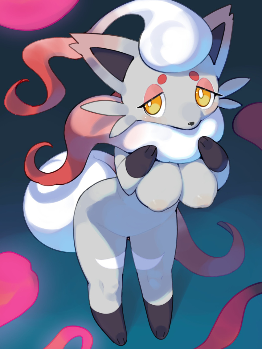 absurd_res anthro areola blush breasts canid canine female fur hi_res hisuian_form hisuian_zorua kame_3 mammal nintendo pok&eacute;mon pok&eacute;mon_(species) pok&eacute;mon_legends:_arceus regional_form_(pok&eacute;mon) solo video_games white_body white_fur yellow_eyes