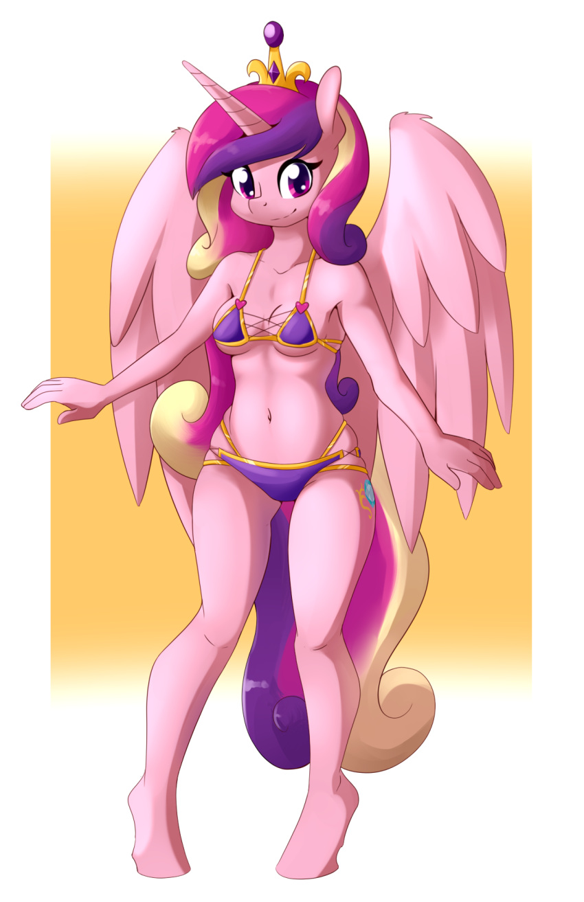 2022 anthro bikini breasts clothing crown cutie_mark equid equine feathered_wings feathers female friendship_is_magic fur hair hasbro hi_res horn long_hair looking_at_viewer mammal multicolored_hair multicolored_tail my_little_pony navel pink_body pink_fur princess_cadance_(mlp) purple_eyes small_breasts smile solo swimwear unguligrade_anthro whatsapokemon winged_unicorn wings