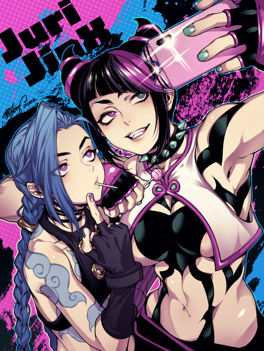 1girl arm_tattoo bangs black_gloves black_hair blue_hair blue_nails braid braided_ponytail breasts candy cellphone chest_tattoo collar crop_top diagonal_bangs fingerless_gloves fishine food food_in_mouth gloves green_eyes green_nails grin hair_horns han_juri heterochromia highres holding holding_food holding_phone jinx_(league_of_legends) large_breasts league_of_legends lollipop long_hair middle_finger midriff multicolored_hair multicolored_nails nail_polish navel phone purple_eyes purple_hair purple_nails selfie short_hair smartphone smile solo spiked_collar spikes street_fighter tattoo two-tone_hair upper_body