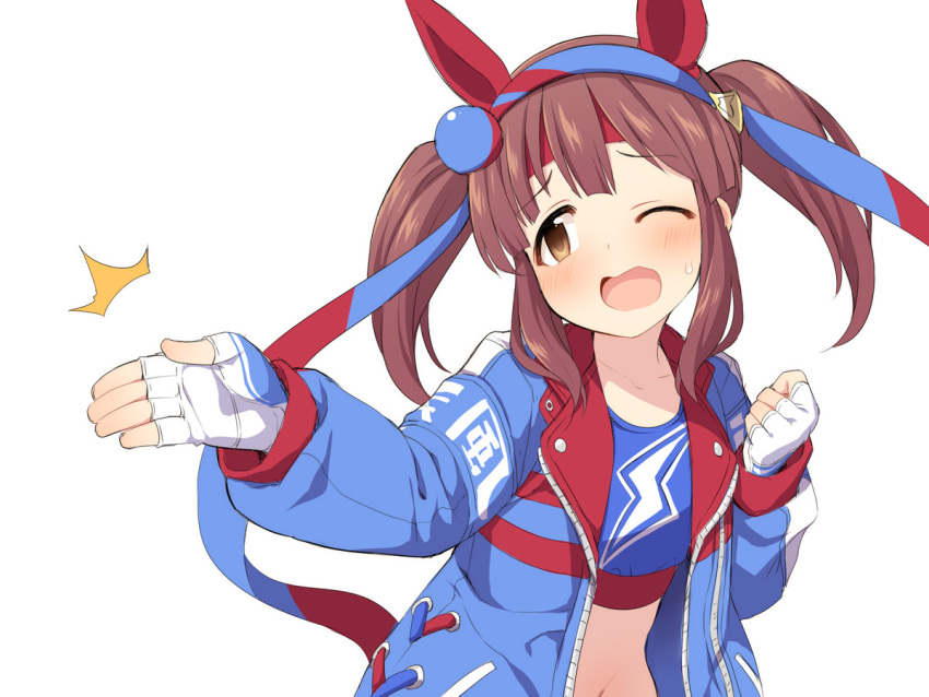 1girl armband bangs blue_hairband blue_jacket blue_shirt blush brown_eyes brown_hair clenched_hand commentary_request cosplay fingerless_gloves gloves hair_ornament hairband hand_up idolmaster idolmaster_cinderella_girls jacket long_hair long_sleeves looking_away midriff ogata_chieri one_eye_closed open_mouth print_shirt shirt sidelocks solo sweat tamamo_cross_(umamusume) tamamo_cross_(umamusume)_(cosplay) tsukkomi twintails uccow umamusume upper_body voice_actor_connection white_background white_gloves