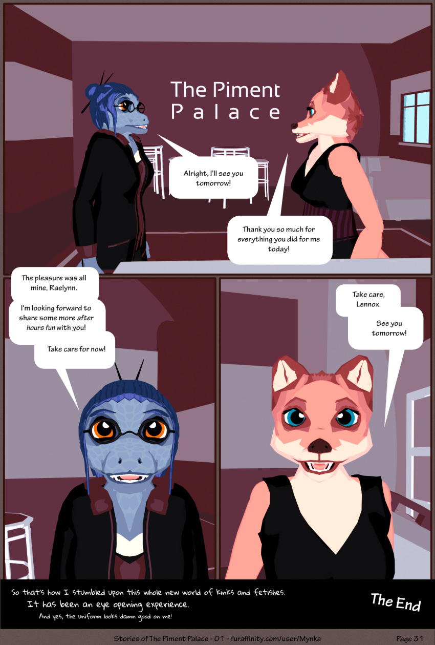 3d_(artwork) ambiguous_gender amphibian anthro canid canine clothed clothing comic dialogue digital_media_(artwork) duo english_text fox furniture hi_res hotel lennox_(mynka) lobby mammal mynka open_mouth raelynn_(mynka) salamander_(amphibian) text work_clothes