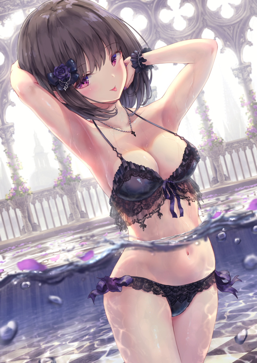 1girl architecture armpits arms_up bikini black_bikini black_hair breasts collarbone frills gothic gothic_architecture gothic_lolita hand_in_own_hair hand_on_own_face highres in_water jewelry large_breasts lolita_fashion looking_at_viewer missile228 navel necklace original petals pink_eyes short_hair standing swimsuit tongue tongue_out underwater water wet