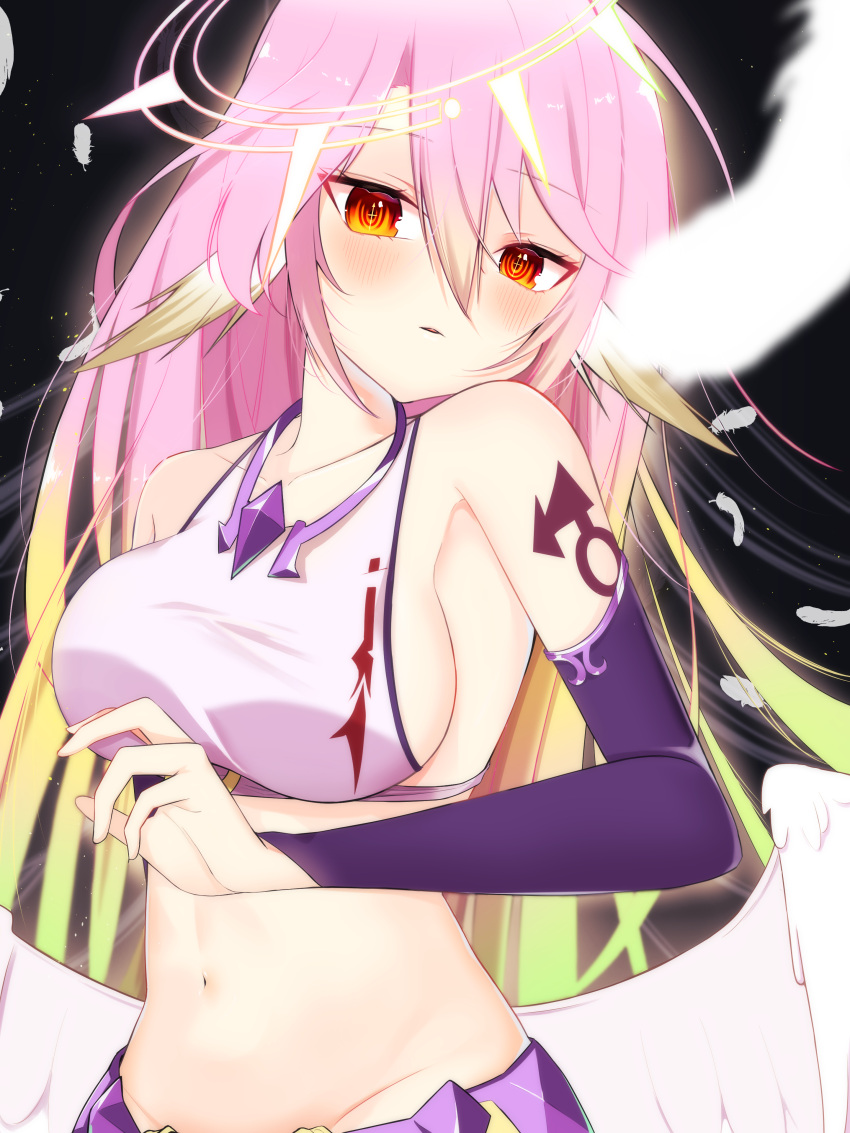 +_+ 1girl absurdres angel angel_wings armpits bangs bare_shoulders black_background blonde_hair blush breasts bridal_gauntlets cape collarbone commentary cowboy_shot crop_top falling_feathers feathered_wings gradient_hair green_hair groin hair_between_eyes halo hand_up highres jibril_(no_game_no_life) large_breasts long_hair looking_at_viewer low_wings midriff multicolored_hair navel no_game_no_life parted_lips pink_hair shirt shoulder_tattoo sideboob sidelocks simple_background single_bridal_gauntlet sleeveless sleeveless_shirt solo symbol-shaped_pupils tachibana_shiro tattoo taut_clothes taut_shirt very_long_hair waist_cape white_shirt white_wings wing_ears wings yellow_cape yellow_eyes