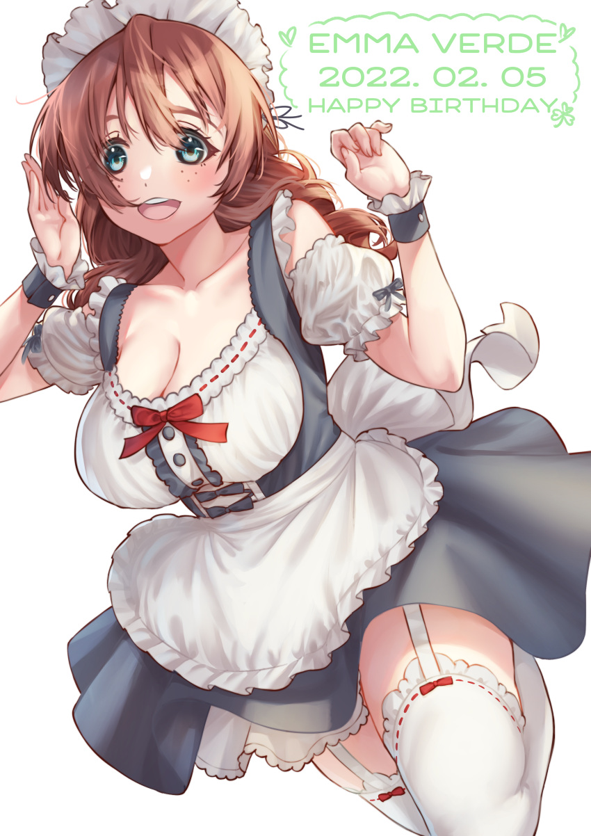 1girl :d absurdres apron aqua_eyes bangs bow breasts brown_hair character_name cleavage collarbone commentary cuffs curled_fingers dated detached_sleeves dirndl emma_verde english_text eyebrows_hidden_by_hair freckles garter_straps german_clothes hands_up happy_birthday highres large_breasts long_hair looking_at_viewer love_live! love_live!_nijigasaki_high_school_idol_club maid maid_headdress puffy_short_sleeves puffy_sleeves red_bow ribbon-trimmed_legwear ribbon-trimmed_thighhighs ribbon_trim round_teeth short_apron short_sleeves simple_background smile solo teeth thighhighs underbust upper_teeth ushio_ochinashi white_background white_thighhighs
