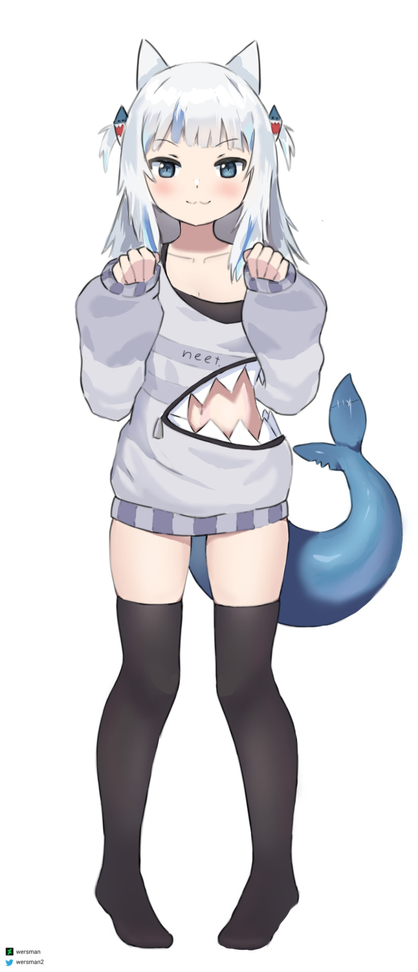1girl :3 absurdres black_thighhighs blue_eyes blue_hair blush bush closed_mouth clothes_writing clothing_cutout collarbone deviantart_logo fish_tail gawr_gura grey_hair highres hololive hololive_english multicolored_hair navel neet no_shoes paw_pose shark_tail short_twintails simple_background skindentation sleeves_past_wrists smile solo stitches streaked_hair tail thighhighs twintails twitter_logo twitter_username virtual_youtuber wersman white_background zipper zipper_pull_tab