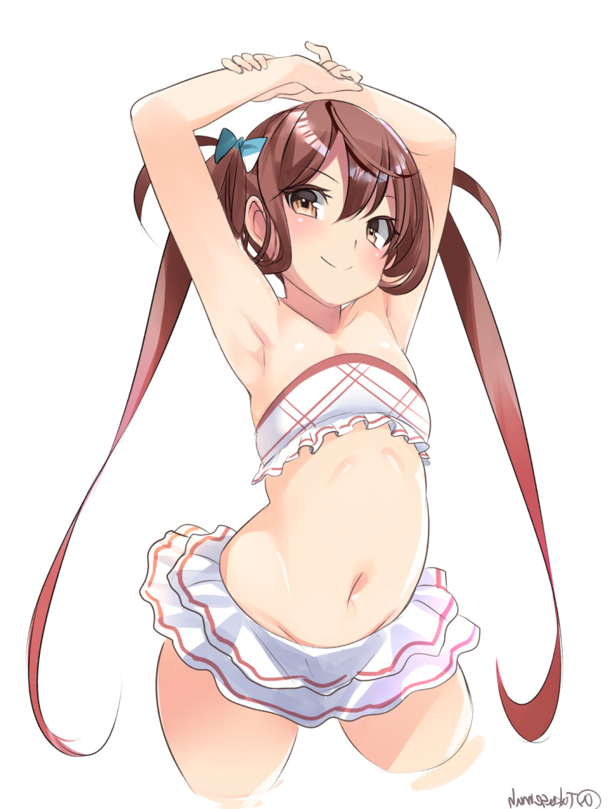 1girl asagumo_(kancolle) bare_arms bare_legs bare_shoulders bikini blush brown_hair closed_mouth collarbone cowboy_shot cropped_legs grey_eyes hair_between_eyes highres kantai_collection long_hair md5_mismatch navel simple_background smile solo swimsuit takase_muh twintails twitter_username white_background white_bikini