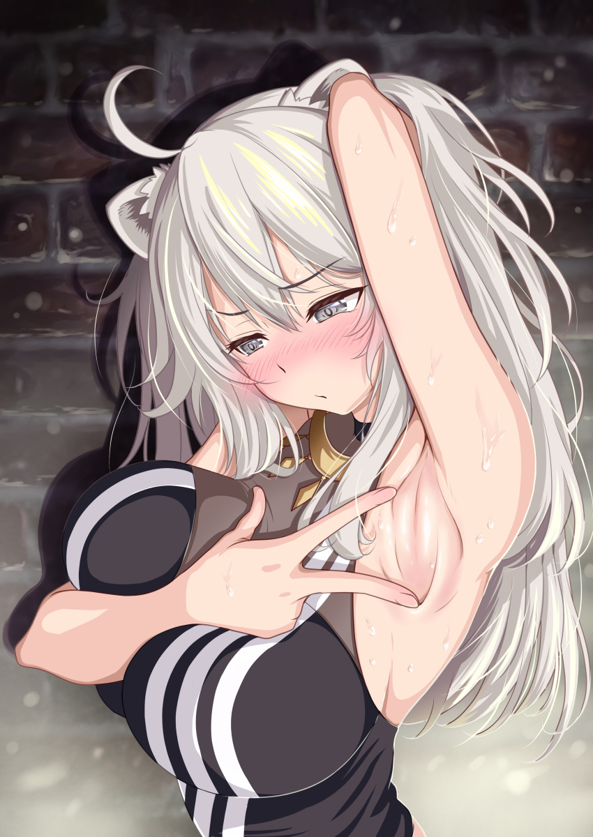 1girl absurdres ahoge animal_ears arm_behind_head armpits bangs black_shirt blush breasts closed_mouth grey_eyes grey_hair hair_between_eyes highres hololive large_breasts lion_ears lion_girl long_hair looking_to_the_side messy_hair see-through shirt shishiro_botan sidelocks sleeveless sleeveless_shirt solo spread_armpit sweat two_side_up virtual_youtuber yokojima_kemomi_mi_chuushin