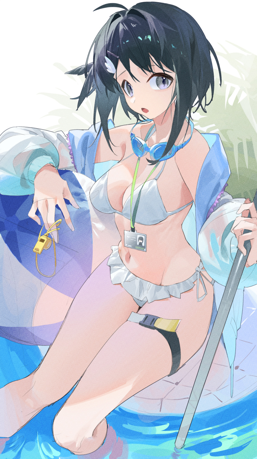1girl arknights ball bangs bare_shoulders beachball bikini black_hair blue_jacket breasts grey_eyes groin highres jacket la_pluma_(arknights) la_pluma_(summer_flowers)_(arknights) long_sleeves looking_at_viewer medium_breasts navel off_shoulder official_alternate_costume omurice_(304975636) open_clothes open_jacket open_mouth short_hair sitting soaking_feet solo stomach swimsuit thigh_strap thighs white_bikini