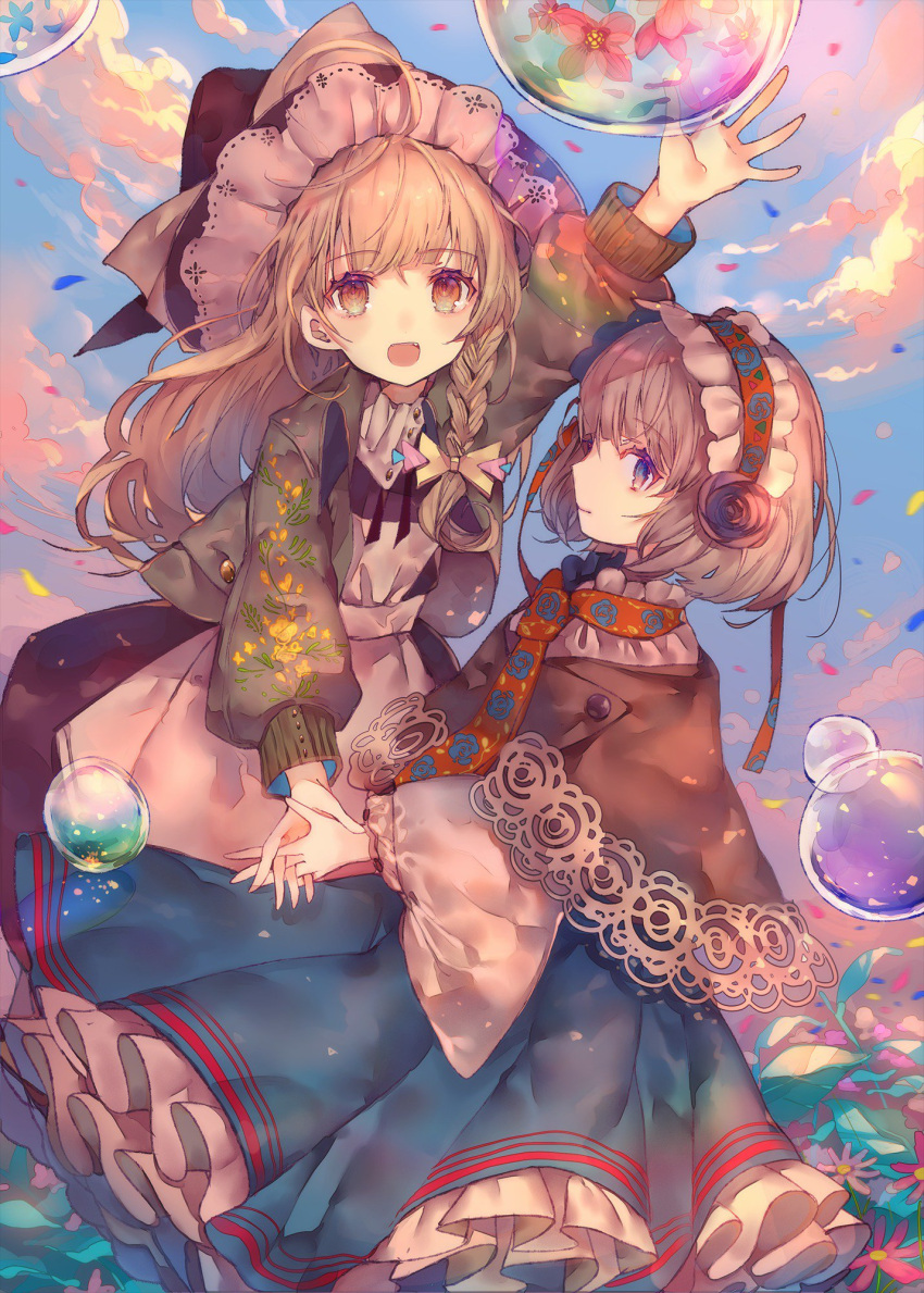 2girls :d alice_margatroid apron arm_up bangs black_headwear black_skirt blonde_hair blue_skirt blue_sky blush bow braid brown_capelet bubble capelet cha_goma closed_mouth cloud cloudy_sky commentary_request feet_out_of_frame floral_print flower frilled_hairband frilled_hat frilled_skirt frills green_jacket hair_flower hair_ornament hairband hat hat_bow highres holding_hands jacket kirisame_marisa long_sleeves looking_at_viewer multiple_girls necktie open_clothes open_jacket open_mouth orange_eyes orange_necktie outstretched_arm plant purple_eyes red_hairband rose shirt sideways_glance single_braid skirt sky smile touhou white_apron white_bow white_shirt wide_sleeves witch_hat