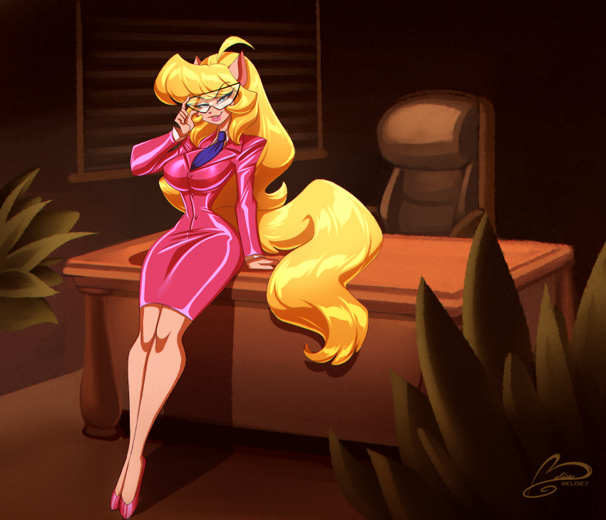 anthro blonde_hair callie_briggs clothed clothing domestic_cat eyewear felid feline felis female hair hanna-barbera hi_res mammal ooo-belise-ooo solo swat_kats