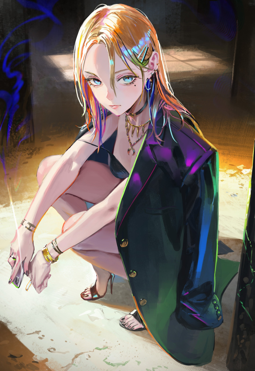 1girl absurdres blonde_hair blue_eyes bracelet cigarette coat coat_on_shoulders ear_piercing earrings hair_ornament high_heels highres jewelry mole mole_under_eye nababa nail_polish necklace original piercing ring solo squatting