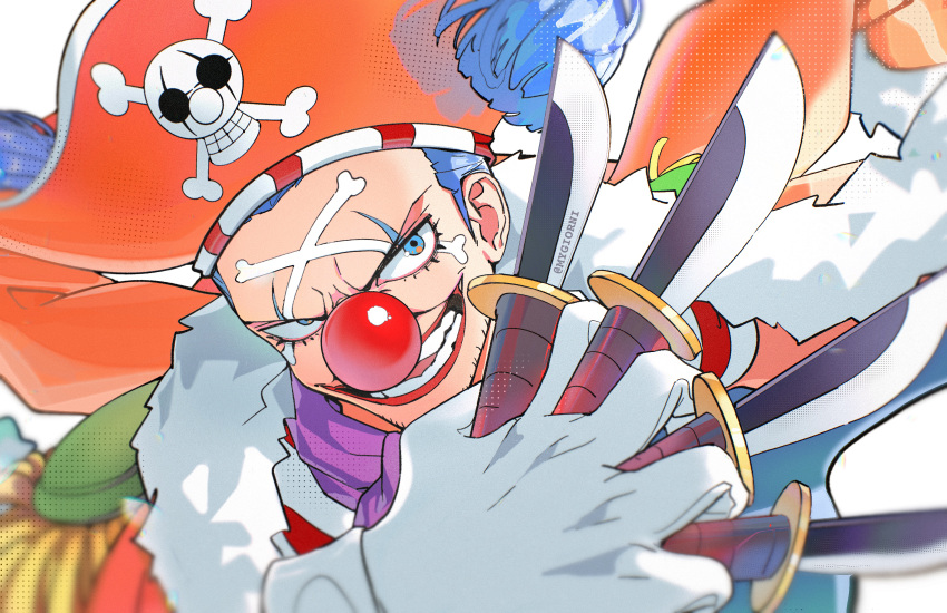 1boy absurdres between_fingers blue_eyes blue_hair buggy_the_clown clown_nose dagger facepaint gloves hat highres jolly_roger knife lipstick makeup mygiorni one_piece parted_lips pirate_hat red_nose skull_and_crossbones teeth twitter_username weapon white_gloves