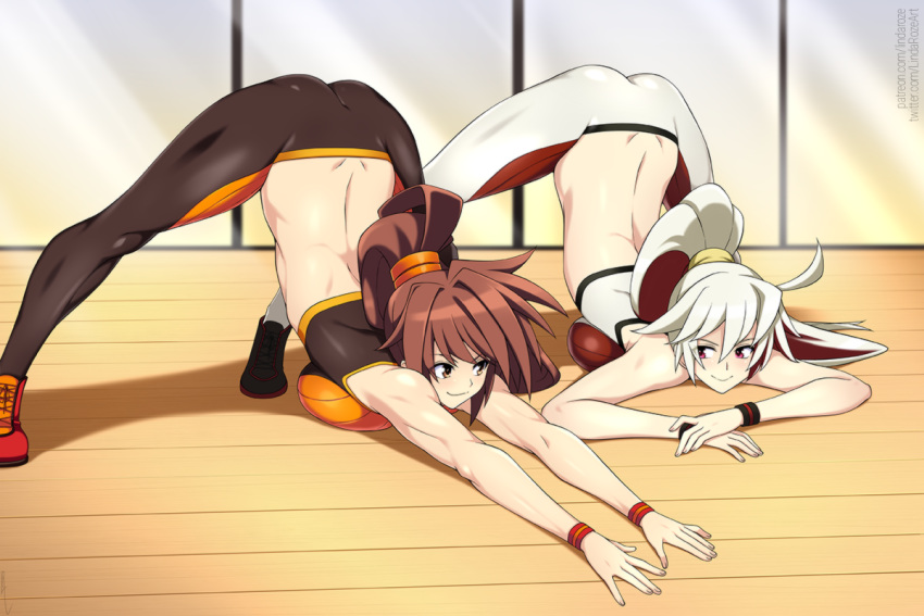 2girls ass breast_press breasts brown_eyes brown_hair closed_mouth dnf_duel dungeon_and_fighter fighter_(dungeon_and_fighter) fingernails flexible full_body guilty_gear hands_on_ground indoors jack-o'_challenge jack-o'_valentine lindaroze long_hair medium_breasts meme multiple_girls pants ponytail red_eyes red_hair shadow shiny shiny_clothes shiny_hair shoes simple_background skin_tight sleeveless smile sneakers stretching striker_(dungeon_and_fighter) tank_top top-down_bottom-up white_hair wide_spread_legs wristband