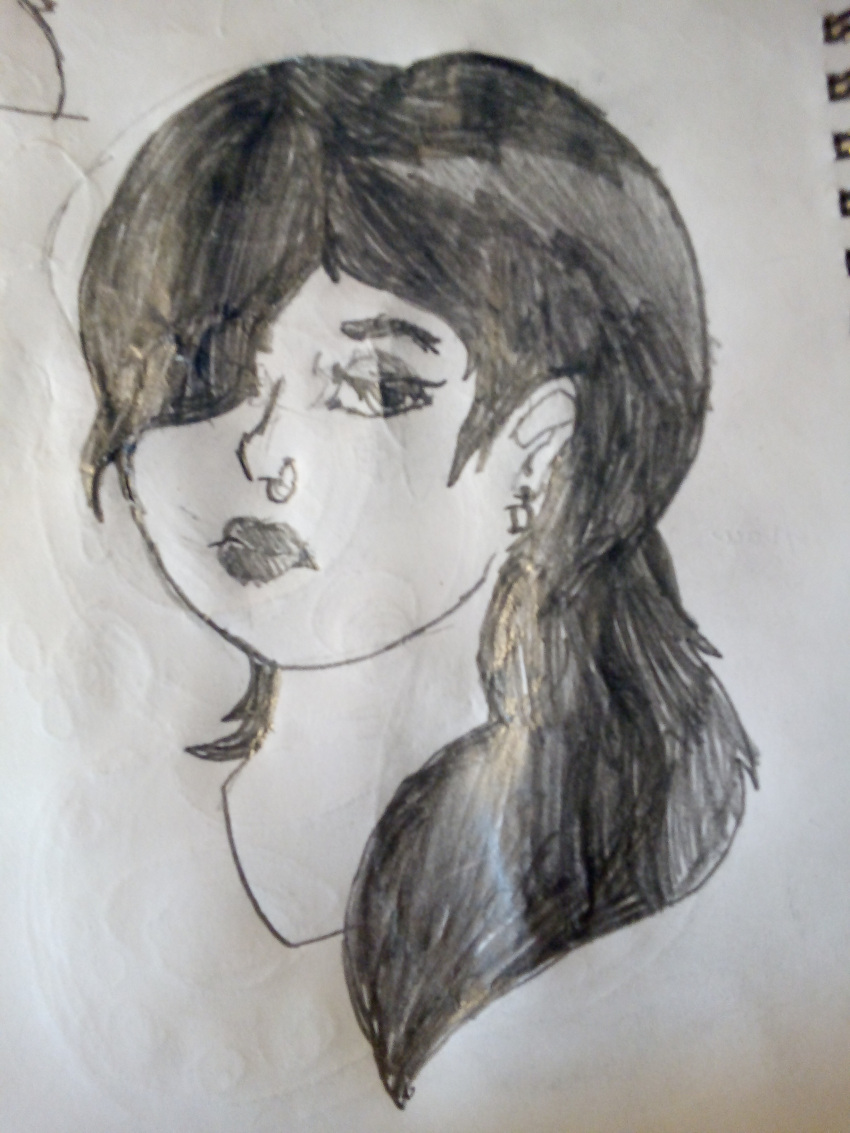 absurd_res dark_hair ear_piercing ear_ring facial_piercing female goth hair hair_over_eye hi_res human looking_at_viewer makeup mammal nose_piercing nose_ring one_eye_obstructed piercing primate profile ring_piercing sketch solo teknostyle555 unamused