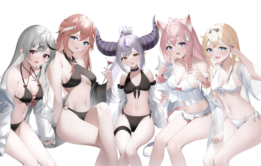 5girls :d absurdres animal_ear_fluff animal_ears aqua_eyes bare_arms bare_legs bare_shoulders bikini black_bikini black_choker black_hairband blonde_hair blue_eyes blush breasts chemical_structure choker cleavage coyote_ears criss-cross_halter crossed_legs cup drink feet_out_of_frame frilled_bikini frills front-tie_bikini front-tie_top grey_hair hair_down hair_ornament hair_wings hairband hairclip hakui_koyori halter_top halterneck hand_on_own_thigh head_wings hexagon_hair_ornament highres holding holding_cup holding_drink hololive holox horns invisible_chair jacket kazama_iroha la+_darknesss long_hair long_sleeves medium_breasts multi-strapped_bikini multiple_girls navel o-ring o-ring_bikini off_shoulder open_clothes open_jacket pink_hair ponytail purple_eyes red_eyes ryuya sakamata_chloe sideboob simple_background sitting smile stomach striped_horns swimsuit takane_lui thigh_gap thigh_strap underboob virtual_youtuber white_background white_bikini white_jacket x_hair_ornament yellow_eyes