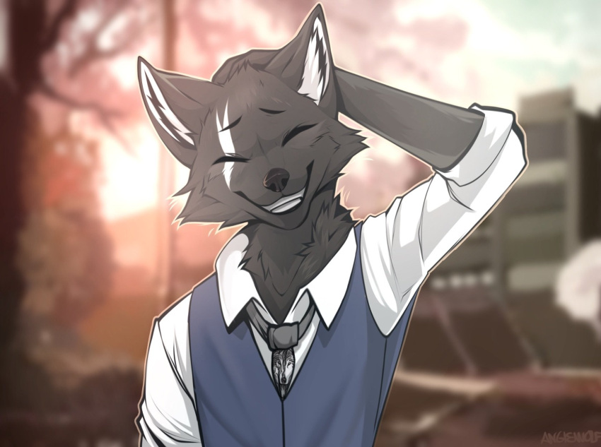 2022 angiewolf anthro black_body black_fur blurred_background building canid canine clothing eyes_closed fox fur hand_behind_head hi_res inner_ear_fluff looking_at_viewer mammal necktie school_uniform signature smile student teeth tuft uniform