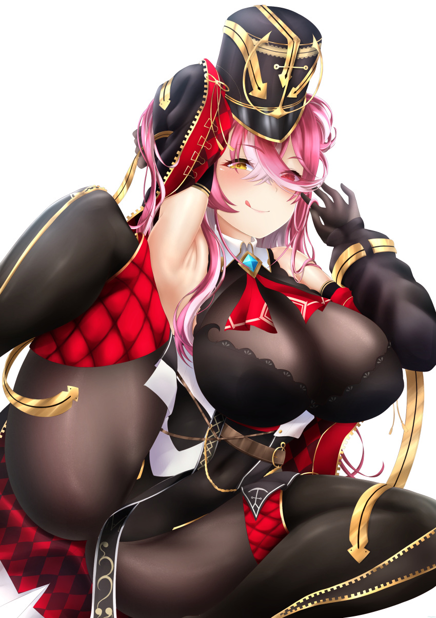 1girl :q absurdres arm_up armpits bare_shoulders black_headwear black_leotard black_pantyhose breasts brown_gloves cleavage commentary covered_navel english_commentary eyes_visible_through_hair gloves gold_trim hat heterochromia highres hololive houshou_marine jacket leotard leotard_under_clothes long_hair looking_at_viewer mee_don mixed-language_commentary multicolored_hair navel off_shoulder pantyhose plume red_eyes red_hair spread_legs streaked_hair tongue tongue_out two-sided_coat two-sided_fabric two-sided_jacket virtual_youtuber white_hair yellow_eyes