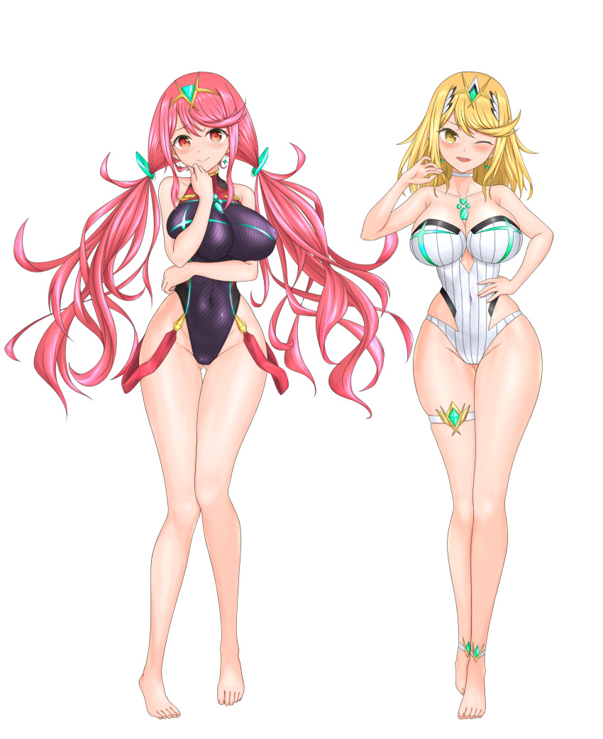 2girls absurdres alternate_hairstyle bangs barefoot blonde_hair breasts chest_jewel competition_swimsuit feichu_keju headpiece highres large_breasts multiple_girls mythra_(radiant_beach)_(xenoblade) mythra_(xenoblade) one-piece_swimsuit pyra_(pro_swimmer)_(xenoblade) pyra_(xenoblade) pyra_(xenoblade)_(prototype) red_swimsuit strapless striped striped_swimsuit swept_bangs swimsuit tiara twintails two-tone_swimsuit white_swimsuit xenoblade_chronicles_(series) xenoblade_chronicles_2 yellow_eyes