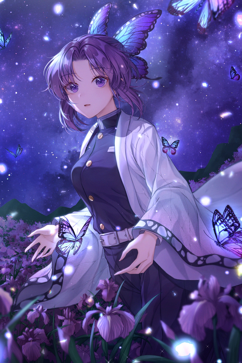 1girl absurdres bangs belt belt_buckle blush breast_pocket breasts buckle bug butterfly butterfly_hair_ornament buttons colored_tips commentary_request demon_slayer_uniform field fingernails flower flower_field hair_ornament haori highres iyar japanese_clothes kimetsu_no_yaiba kochou_shinobu large_breasts long_sleeves looking_at_viewer multicolored_hair night open_mouth outdoors parted_bangs parted_lips pocket purple_butterfly purple_eyes purple_hair shiny shiny_hair short_hair sidelocks sky solo standing star_(sky) starry_sky white_belt wide_sleeves