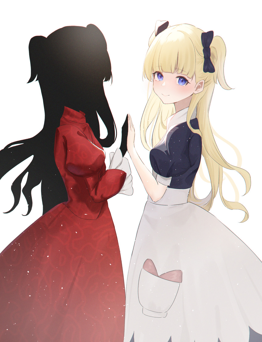 2girls absurdres bangs blonde_hair blue_eyes blush bow daily_(daily178900) dress emilico_(shadows_house) frilled_sleeves frills hair_bow highres holding_hands kate_(shadows_house) long_hair multiple_girls pinafore_dress puffy_short_sleeves puffy_sleeves shadow_(shadows_house) shadows_house short_sleeves smile two_side_up very_long_hair
