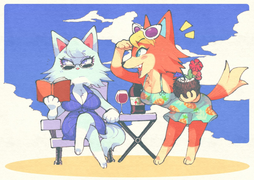 2022 animal_crossing anthro armchair audie_(animal_crossing) beverage big_breasts blue_body blue_eyes blue_fur blue_sky blush blush_stickers book breasts canid canine canis chair chest_tuft cleavage clothed clothing cloud coconut coconut_drink container crossed_legs cup dress drinking_glass drupe_(fruit) duo eyelashes eyewear eyewear_on_head female flower food fruit fur furniture glass glass_container glass_cup inkerton-kun leaning leaning_forward looking_away mammal nintendo open_mouth orange_body orange_fur outside plant reading sitting sky smile standing sunglasses sunglasses_on_head table tan_body tan_fur tuft video_games white_body white_fur whitney_(animal_crossing) wine_bottle wine_glass wolf yellow_body yellow_fur