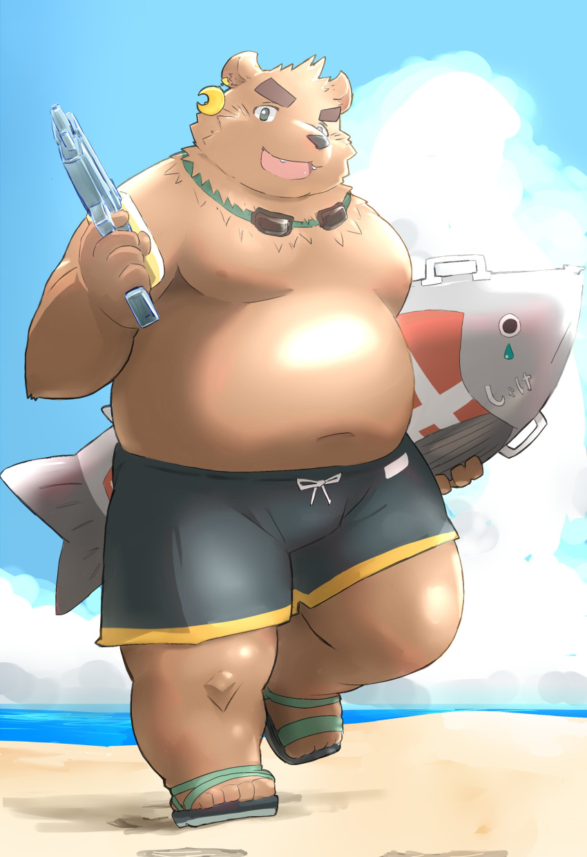 2022 absurd_res anthro beach belly big_belly black_nose bottomwear brown_body clothing cloud detailed_background footwear hi_res humanoid_hands kemono kisukemk777 male mammal moobs navel outside overweight overweight_male sandals seaside shorts solo swimwear toy toy_gun ursid water water_gun