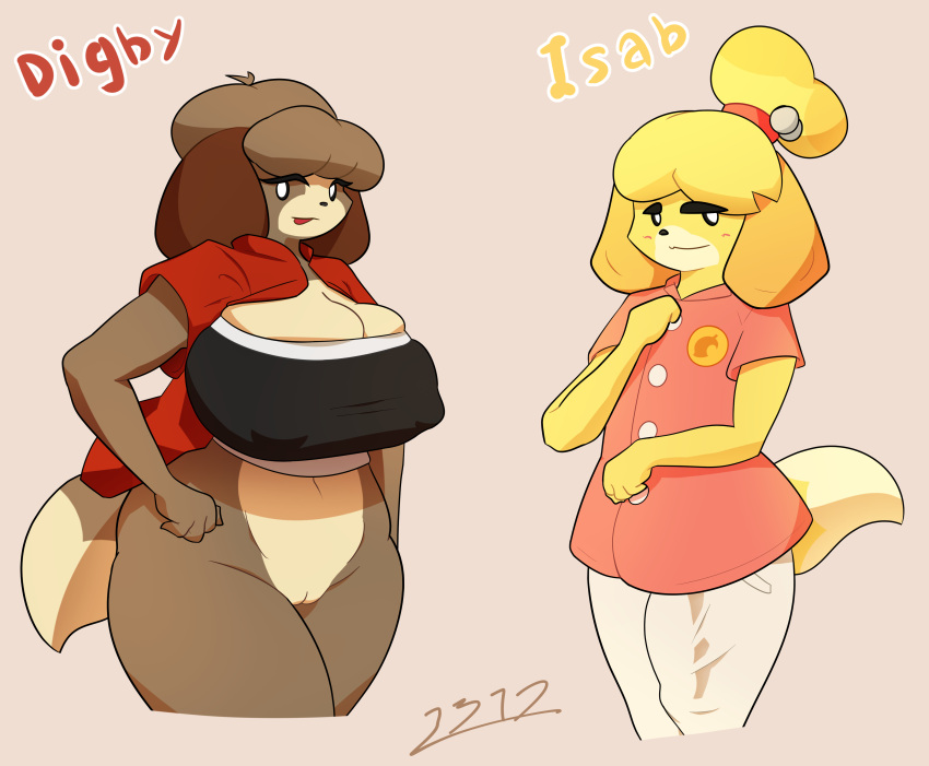 2022 absurd_res animal_crossing animal_humanoid anthro big_breasts breasts brown_body brown_fur bulge canid canine canis clothed clothing crossgender digby_(animal_crossing) domestic_dog duo english_text female fur genitals hair hi_res huge_breasts humanoid i3i2455_ivi394 isabelle_(animal_crossing) looking_at_viewer male male/female mammal mammal_humanoid nintendo nipple_outline partially_clothed penis pussy shih_tzu simple_background smile text thick_thighs toy_dog vaginal video_games yellow_body yellow_fur