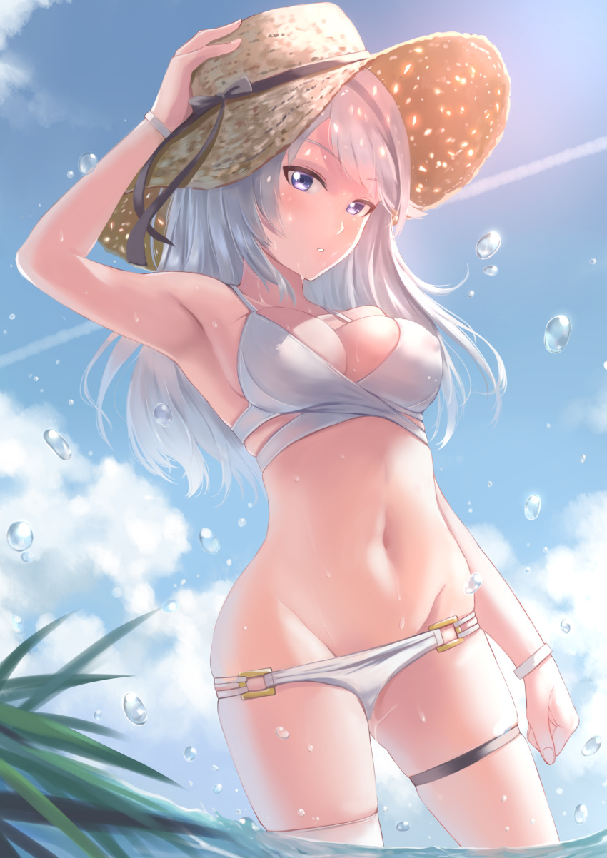 absurdres alice_gear_aegis bikini blue_eyes blue_sky breasts cleavage cloud cloudy_sky hand_on_own_head hat highres kanogawa_hiro kondou_chieri looking_at_viewer navel sky swimsuit water water_drop white_bikini white_hair wristband