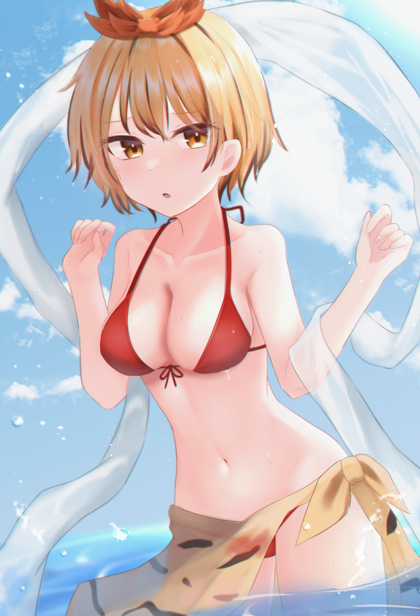 1girl absurdres animal_print bangs bikini black_hair blonde_hair blue_sky breasts cleavage cloud dakuazu hair_ornament highres horizon looking_at_viewer medium_breasts navel ocean open_mouth red_bikini sarong shawl short_hair sky solo swimsuit tiger_print toramaru_shou touhou yellow_eyes