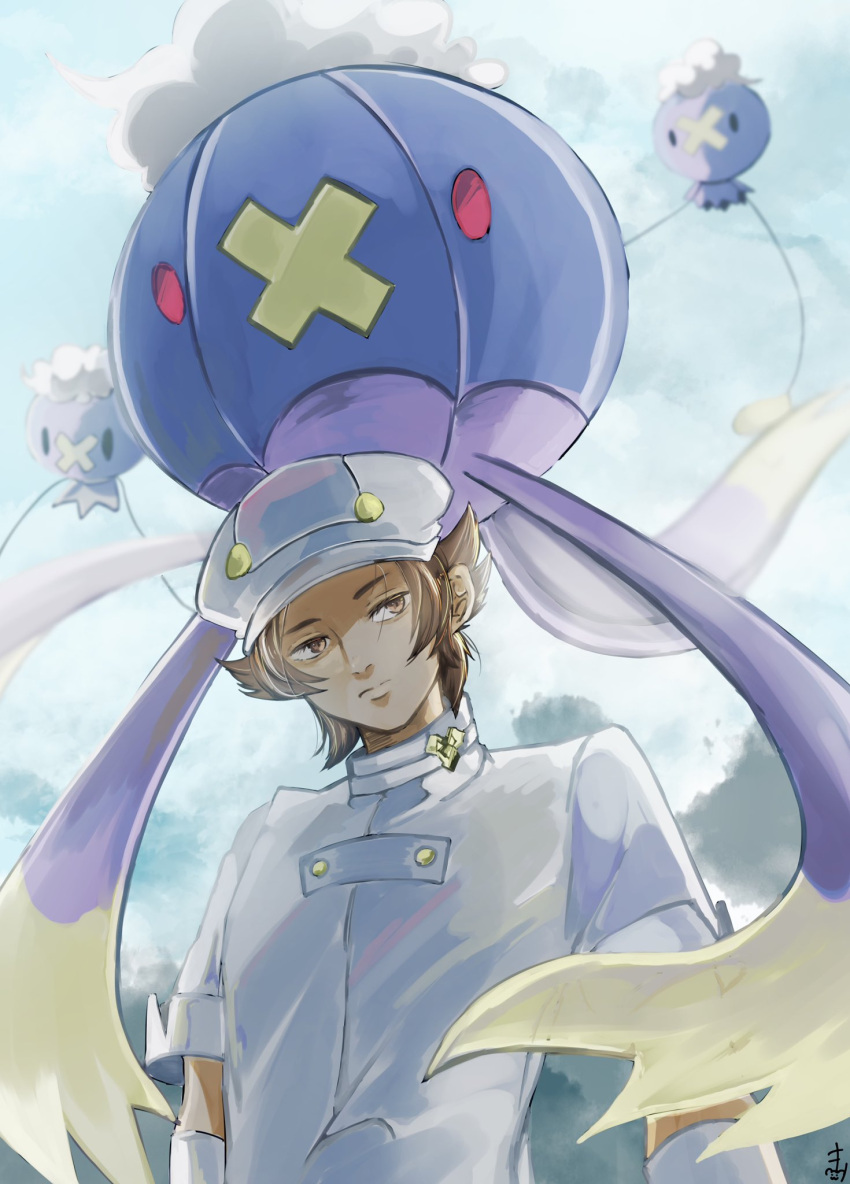 1boy aether_foundation_employee aether_foundation_uniform brown_eyes brown_hair buttons closed_mouth commentary_request day drifblim drifloon evolutionary_line gloves hat highres jumpsuit kirilag_po looking_down male_focus outdoors pokemon pokemon_(creature) pokemon_(game) pokemon_sm short_hair short_sleeves sky white_gloves white_headwear white_jumpsuit