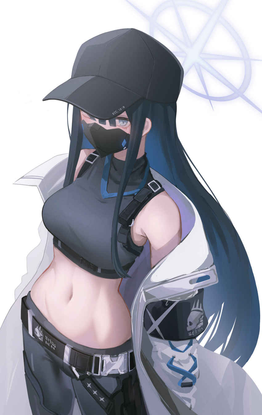 1girl absurdres armband bangs bare_shoulders baseball_cap belt black_belt black_headwear black_pants black_shirt blue_archive blue_eyes blue_hair blunt_bangs breasts coat commentary cowboy_shot crop_top hair_between_eyes hat highres large_breasts long_hair long_sleeves looking_at_viewer mask midriff mouth_mask navel off_shoulder open_clothes open_coat pants saori_(blue_archive) shirt sidelocks simple_background sleeveless sleeveless_shirt solo standing stomach very_long_hair white_background white_coat yako_mashiro