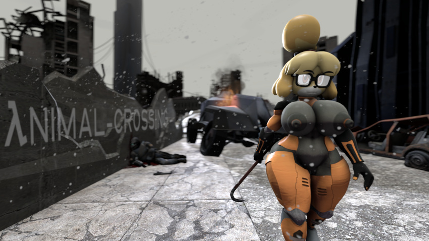 2021 3d_(artwork) animal_crossing anthro areola big_areola big_breasts blonde_hair bodysuit breasts canid canine canis city cityscape clothing cosplay crossover crossover_cosplay crowbar curvaceous curvy_figure detailed_background digital_media_(artwork) domestic_dog eyewear female floppy_ears fur glasses hair half-life hev_suit hi_res hourglass_figure huge_breasts isabelle_(animal_crossing) mammal nintendo nipples orange_eyes outside shih_tzu short_hair skinsuit small_waist snow snowing solo source_filmmaker thick_thighs tight_clothing tools toy_dog valve vaultlad video_games voluptuous white_body white_fur wide_hips yellow_body yellow_fur