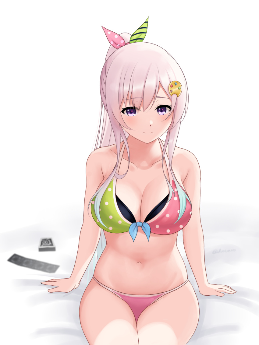 1girl airani_iofifteen bangs bare_arms bikini blush breasts cleavage collarbone condom condom_box condom_wrapper diootaro front-tie_bikini front-tie_top halterneck high_ponytail highres hololive layered_bikini long_hair looking_at_viewer medium_breasts navel on_bed palette_hair_ornament pink_eyes pink_hair polka_dot polka_dot_bikini ponytail sidelocks simple_background sitting smile solo swimsuit two-tone_bikini virtual_youtuber white_background