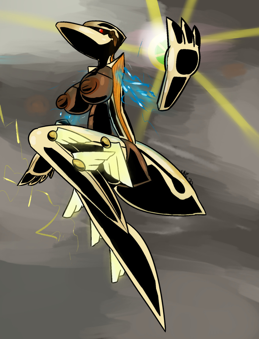2022 3_fingers 4_fingers anthro anthrofied avian big_breasts big_nipples black_body black_sclera breasts brown_body duel_masters featureless_feet female fingers floating_hand glowing hi_res ladia_bale_the_inspirational machine magic monster nipples pose red_eyes robot solo ultilix yellow_body