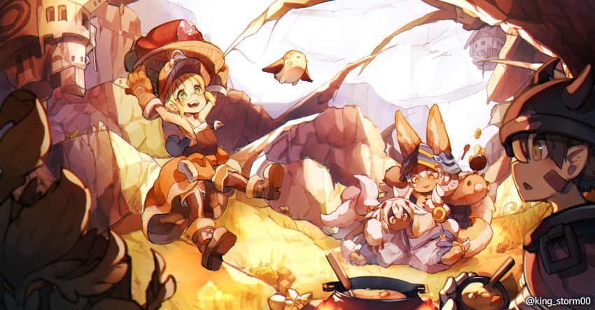 1boy 1other 2girls absurdres animal_ears arms_up blonde_hair brown_hair cooking_pot extra_arms faputa flying food furry helmet highres levi_storm made_in_abyss meinya_(made_in_abyss) multiple_girls nanachi_(made_in_abyss) rabbit_ears regu_(made_in_abyss) riko_(made_in_abyss) sitting smile tail white_hair