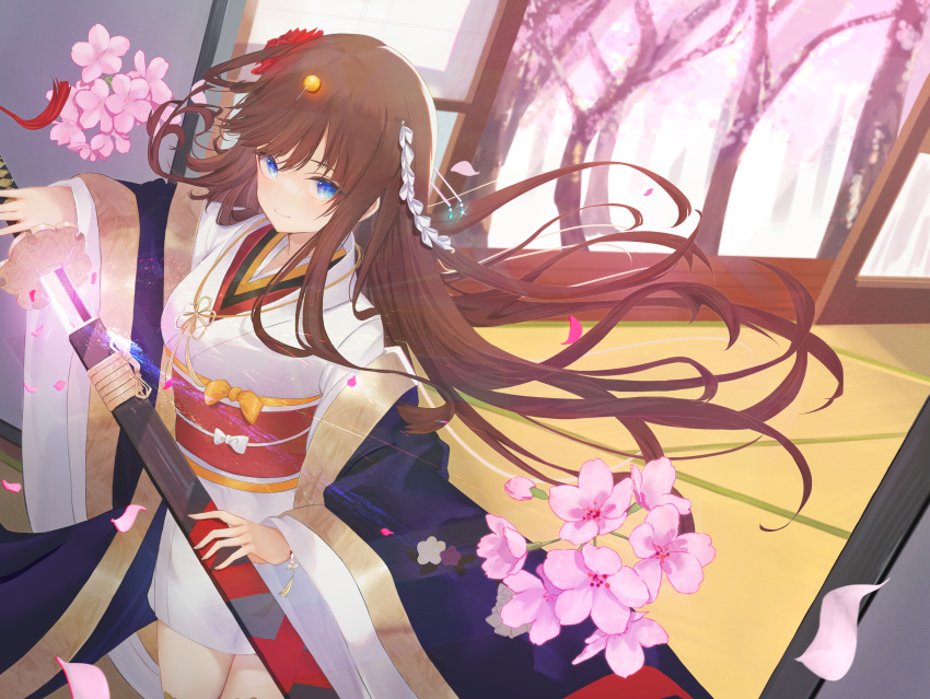 1girl absurdres bangs blue_eyes blush brown_hair cherry_blossoms counter:side daily_(daily178900) hair_ornament highres holding holding_sword holding_weapon japanese_clothes kimono long_hair nanahara_chinatsu obi sash sheath smile solo sword tree unsheathing very_long_hair weapon