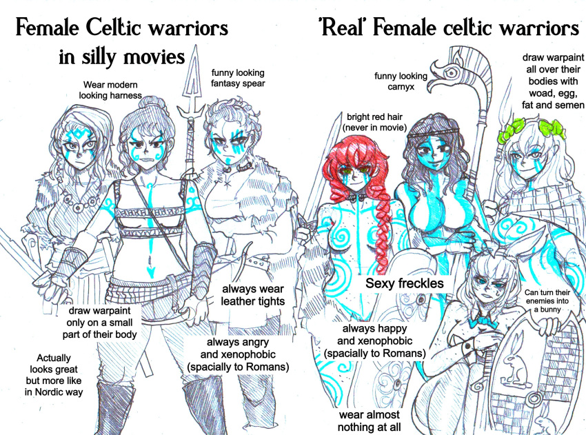 absurdres angry anonhistory barbarian bodypaint braid breasts brown_hair celtic english_text facepaint freckles green_eyes height_difference highres holding holding_polearm holding_sword holding_weapon large_breasts long_hair medium_breasts medium_hair meme multiple_girls nude original playboy_bunny polearm red_hair revealing_clothes shield short_hair smile sword weapon white_hair