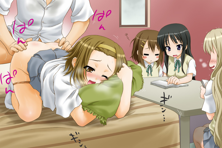 :&lt; =_= akiyama_mio bed bedroom blush blush_stickers book clothed_sex doggystyle exhibitionism feet hairband happy_sex hetero hirasawa_yui indoors k-on! kotobuki_tsumugi multiple_girls one_eye_closed open_mouth panties panty_pull peter_(gvb) pillow pillow_hug school_uniform sex skindentation smile socks sweat tainaka_ritsu toes underwear white_legwear