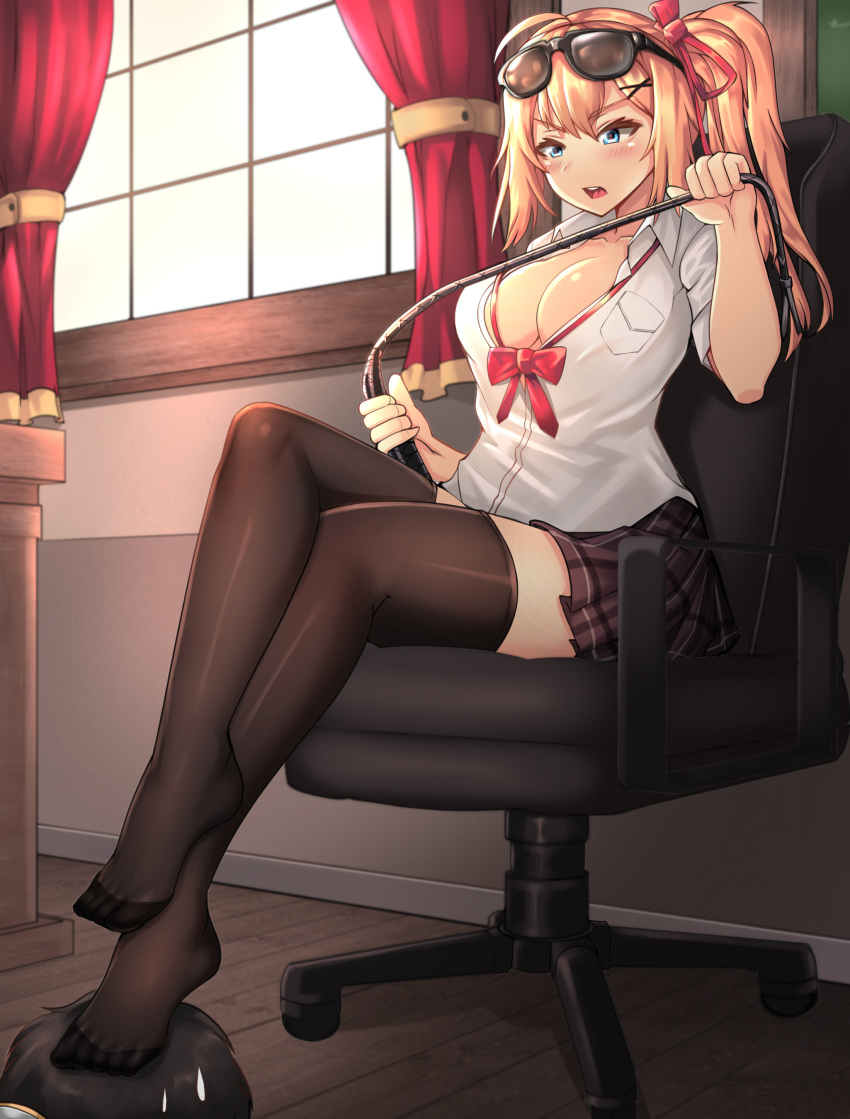 1boy 1girl absurdres ahoge black-framed_eyewear black_hair black_legwear blonde_hair blue_eyes blush bow bowtie breast_pocket breasts chair cleavage clyde_s collarbone collared_shirt curtains eyebrows_visible_through_hair eyewear_on_head femdom foot_on_head girls_frontline hair_ornament hair_ribbon hairclip highres indoors kalina_(girls_frontline) large_breasts legs_crossed long_hair looking_down loose_bowtie no_bra no_shoes on_chair open_clothes open_mouth open_shirt plaid plaid_skirt pleated_skirt pocket purple_skirt red_neckwear red_ribbon ribbon riding_crop shirt short_sleeves side_ponytail sitting skirt solo_focus stepping sunglasses thighhighs upper_teeth v-shaped_eyebrows white_shirt window x_hair_ornament zettai_ryouiki