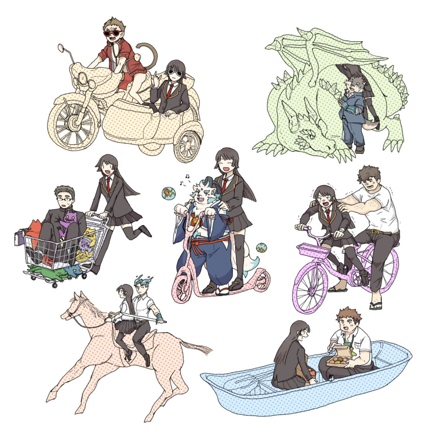 33_ths agyou ambiguous_gender anthro bicycle boat canid canine canis clothed clothing domestic_dog duo equine female female_protagonist_(tas) feral group hanuman hi_res horse human human_focus kengo_takabushi komainu male mammal monkey moritaka motorcycle multiple_images primate ryouta_yakushimaru shirou_motoori shopping_cart simple_background tokyo_afterschool_summoners vehicle video_games white_background